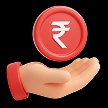 A 3D rendered hand holding a red coin with the Indian Rupee symbol.