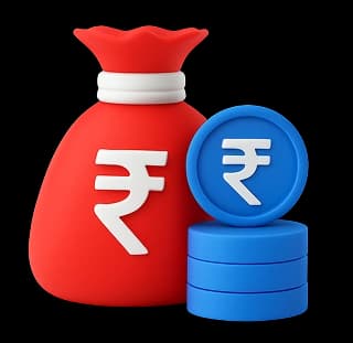Red money bag with white Rupee symbol next to blue stacked coins.