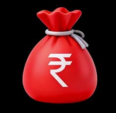 Red money bag with a white Indian Rupee symbol on a black background.