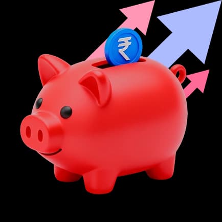 Red piggy bank with a blue rupee coin, indicating financial growth and savings.